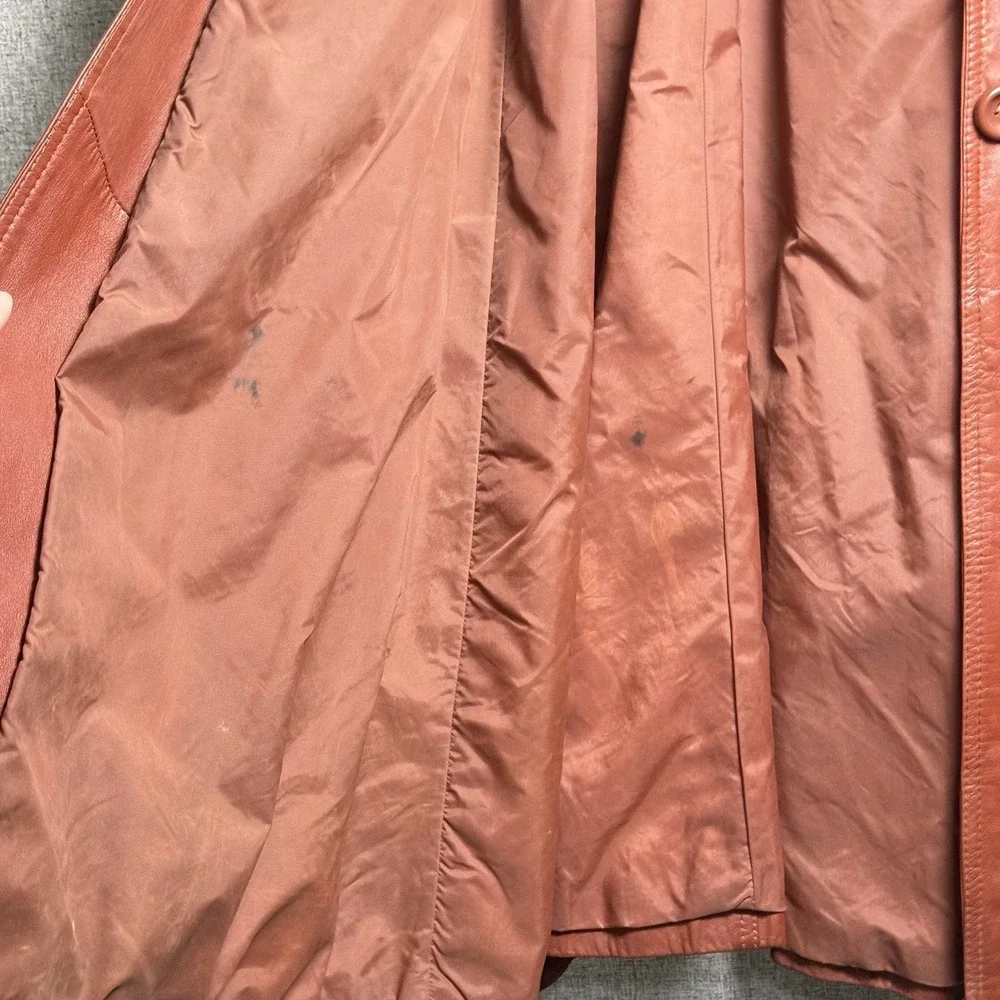 Vintage 70s Rust Brown Orange Leather Full Length Trench Coat Made Korea SMALL - Picture 13 of 16